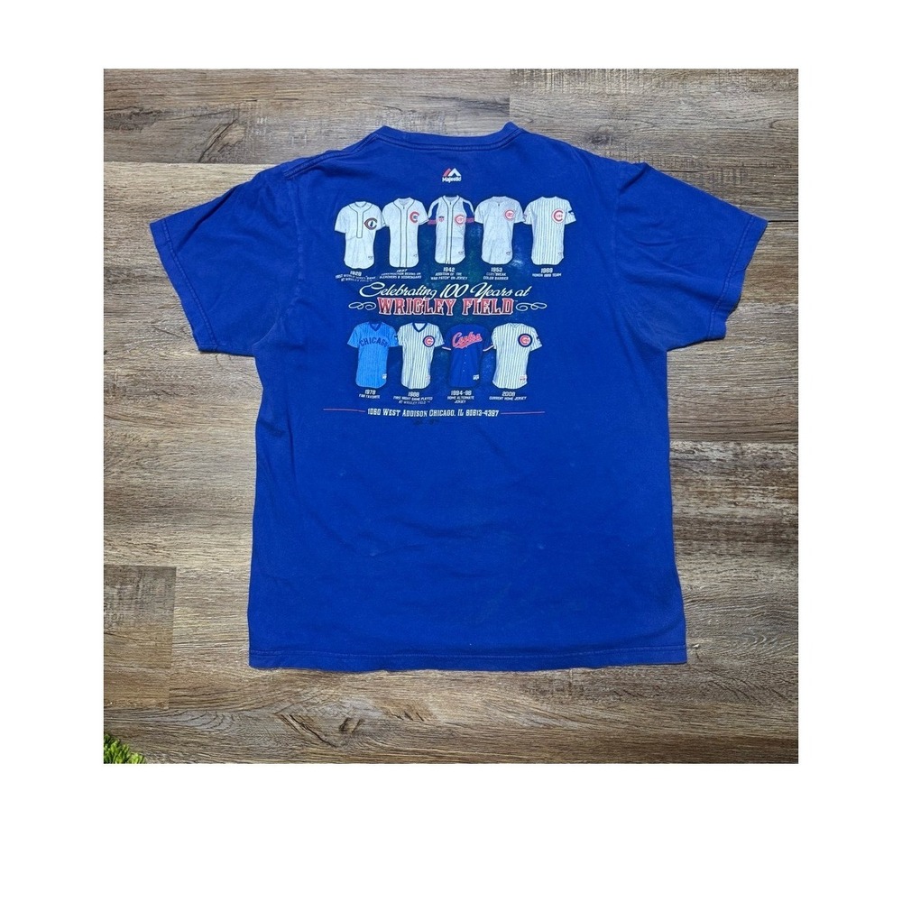 Majestic Chicago Cubs Wrigley Field 100 Year Anniversary T Shirt Mens Large Blue